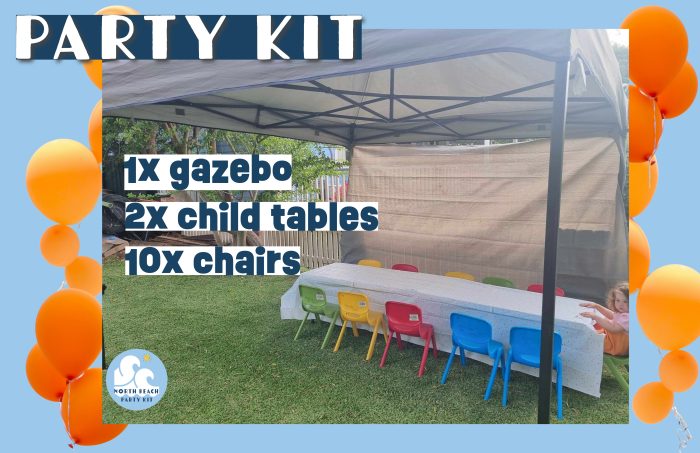 North Beach Toy Library party kit showing inclusions of gazebo, child height tables and chairs.